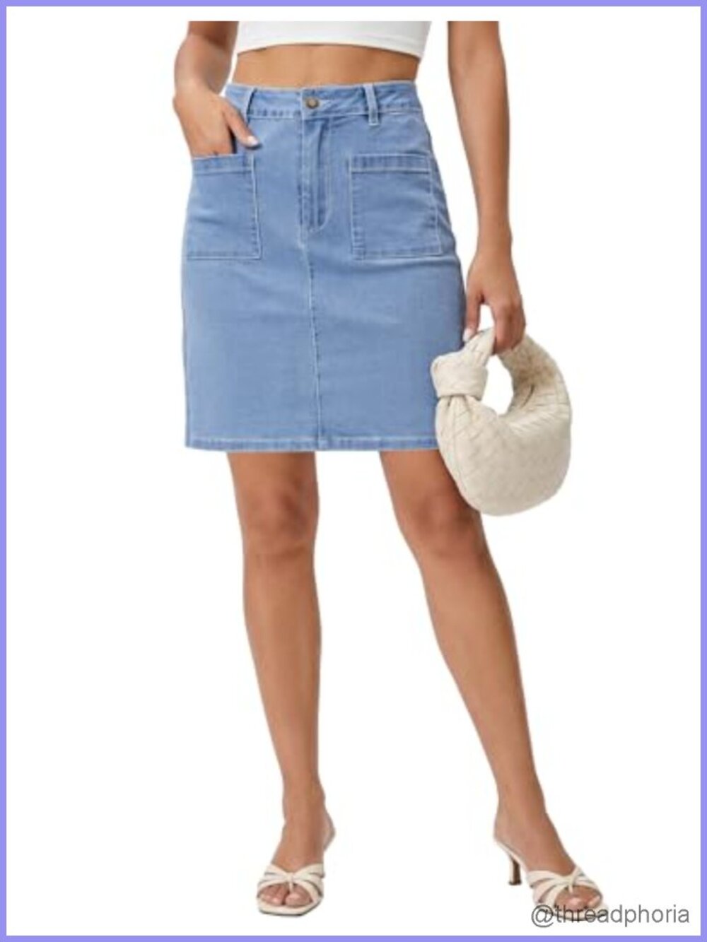 High Waisted Denim A-Line Mini Skirt Stretchy Patch Pockets